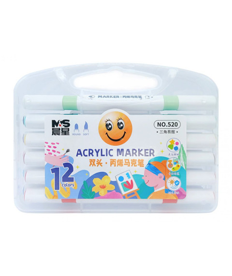 Marker Acrilic cu vârf dublu, 12 culori, cutie plastic, ML49-7